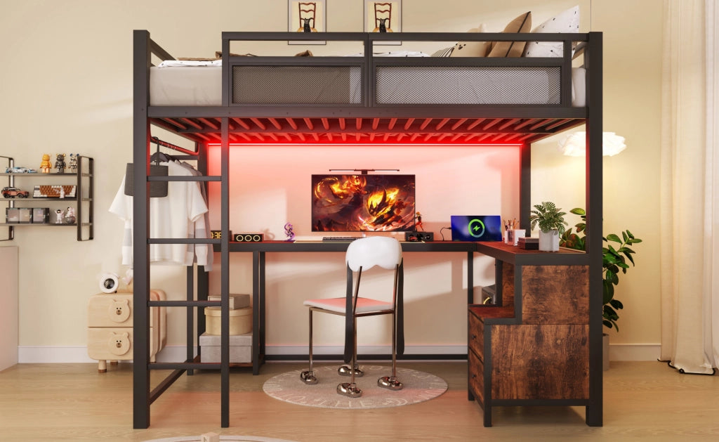 LETTO a soppalco 140x200 cm in metallo nero con scrivania, ripiani e barra appendiabiti