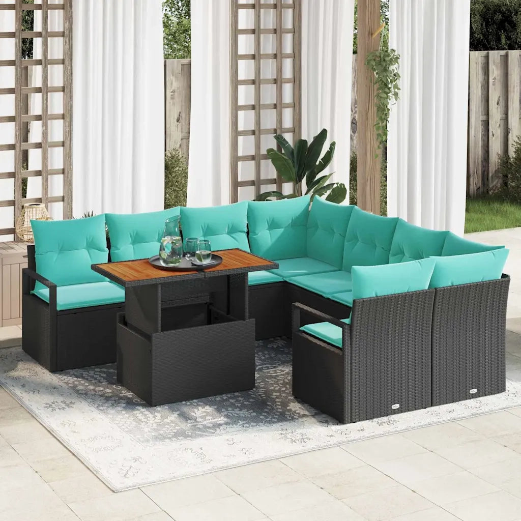 Set da Pranzo per Giardino con cuscino 9 pcs Nero e Verde acqua