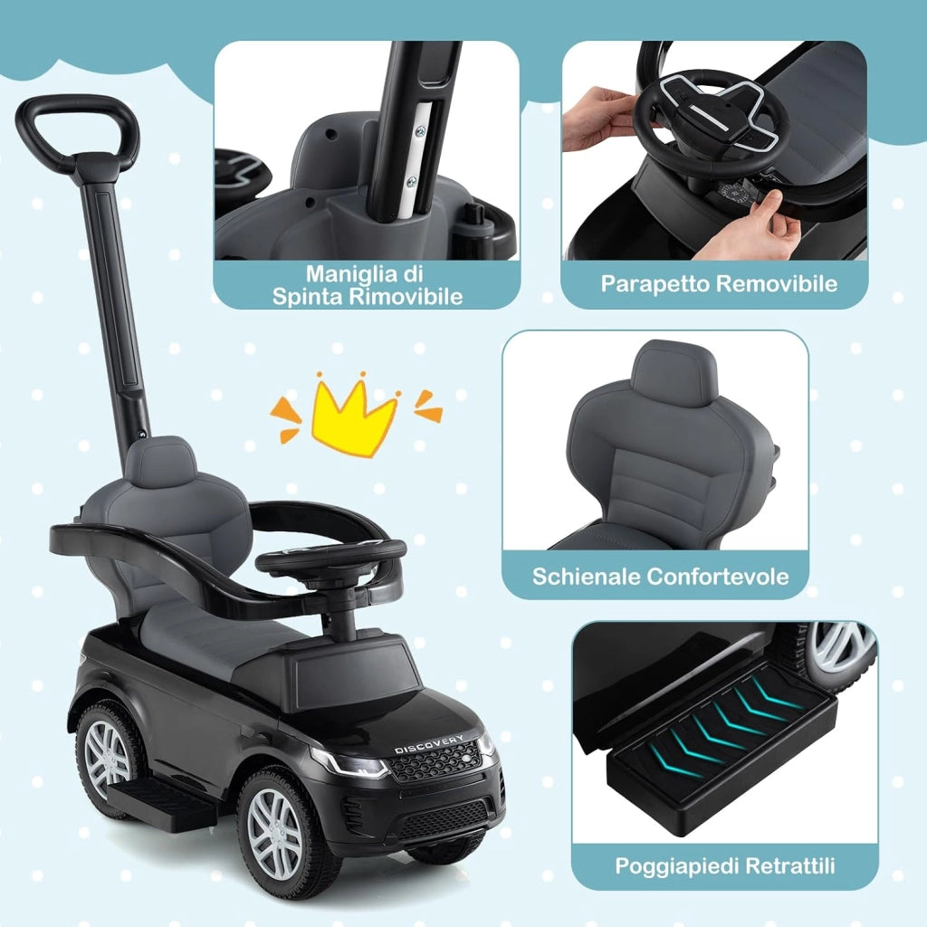 3 in 1 Auto a Spinta, Macchinina a Pedale con Manico Removibile e Paracolpi, Clacson e Suodo di Avvio, Macchina Cavalcabile per Bambini 18-36 Mesi (Nero)