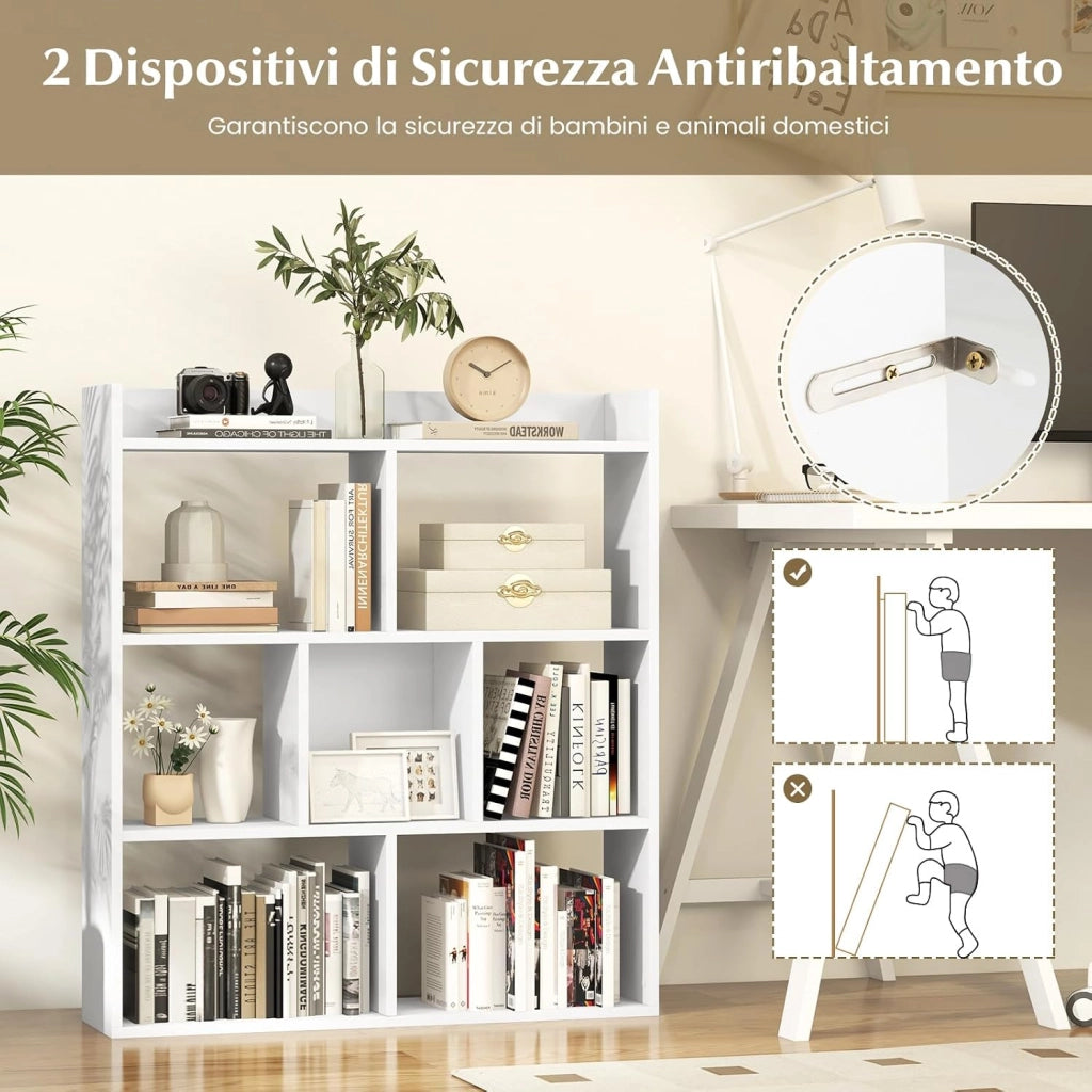 Libreria a Cubi con 7 Scomparti, Mensola Espositiva per l'Archiviazione, Libreria in Legno con Dispositivi Anti-Ribaltamento, per Studio Soggiorno, 80x20x90 cm (Bianco)