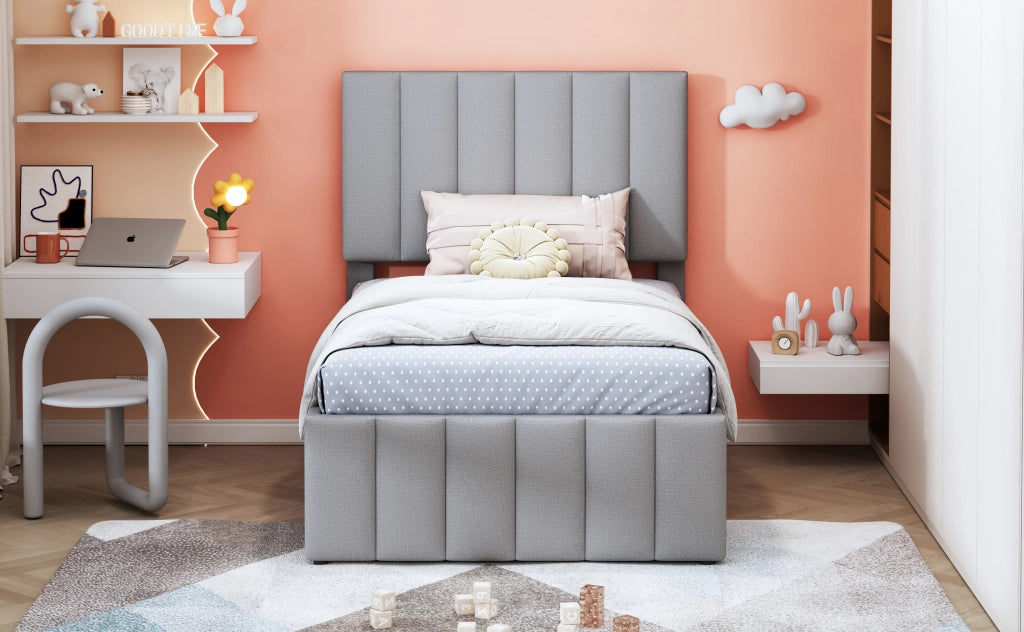 DESMIU Letto singolo 90 × 200 cm con letto estraibile, 3 cassetti, testiera regolabile e senza materasso, grigio