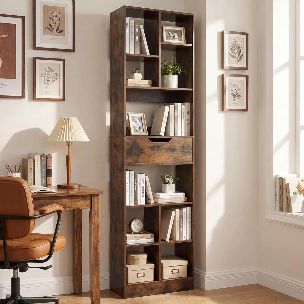 Libreria Verticale con 8 Cubi, 2 Ripiani e 1 Cassetto, Scaffale Libreria con 2 Dispositivi Antiribaltamento, Espositore Multiuso per Libri, Riviste e Dischi in Vinile, 50x24x180 cm
