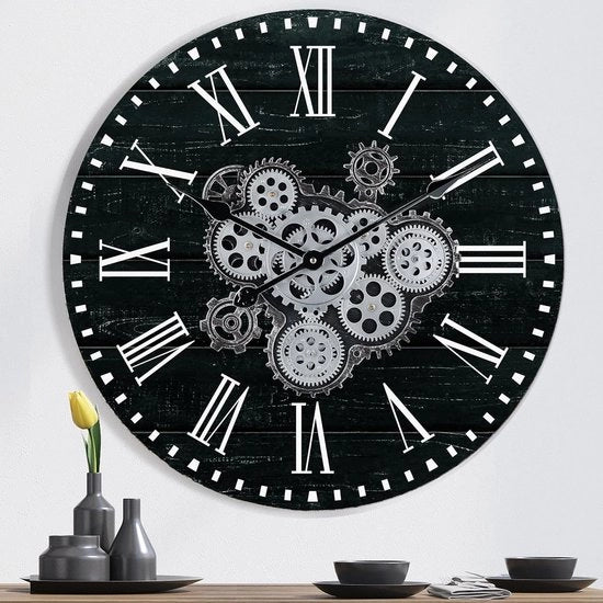 Ora Industriale Nera per Parete - con Pignoni Rotanti - 57 cm - Legno