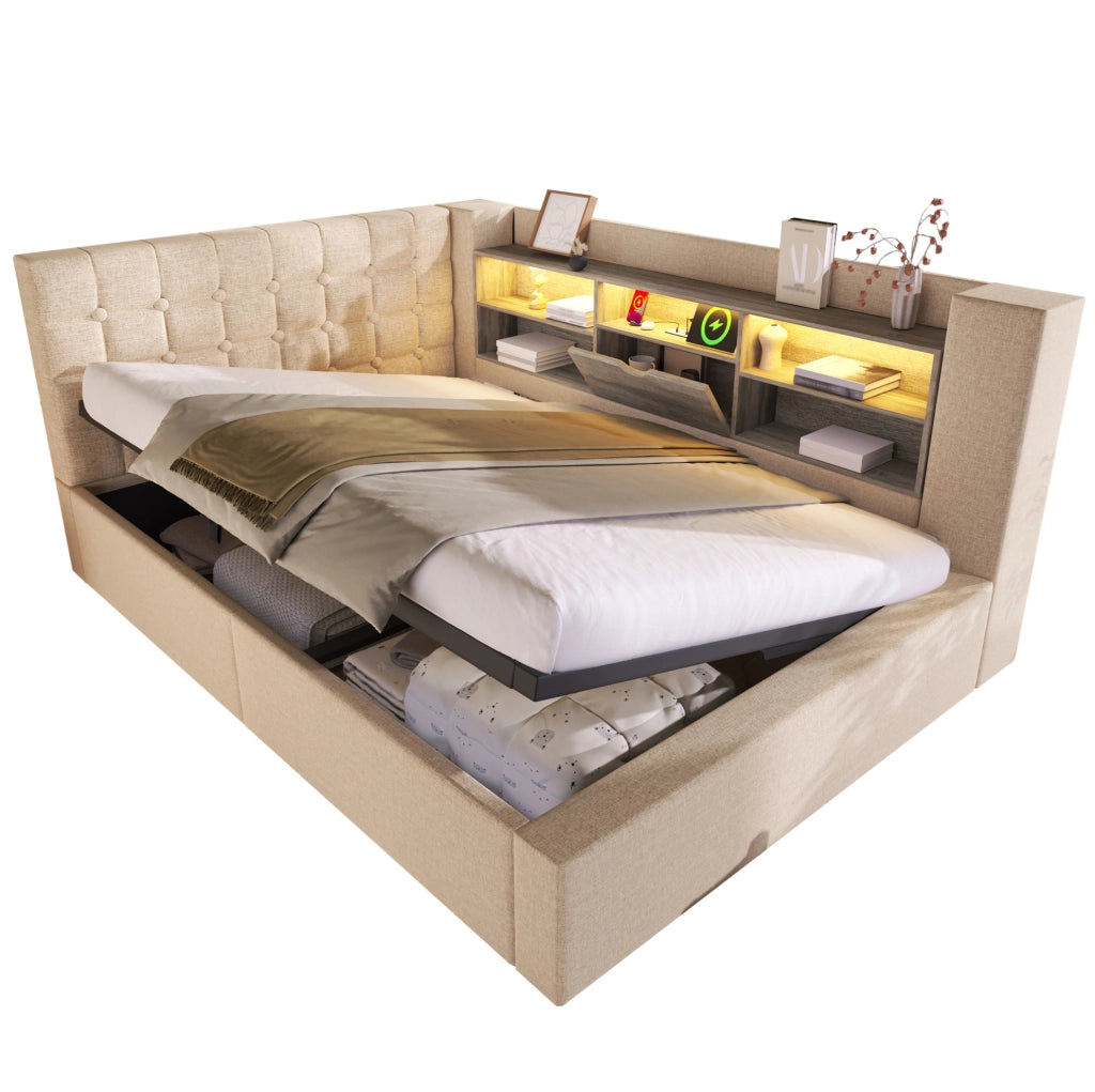 Letto imbottito 140x190 cm con LED, contenitore idraulico e testiera L reversibile