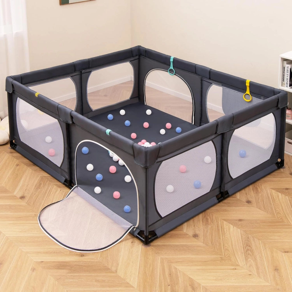 Recinto per Bambini, Box per Bambini con Rete Traspirante, Centro Attività per Bambini con 50 Palline, Box Giochi per Bambini 0-3 Anni (Grigio Scuro, 189 x 158 cm)