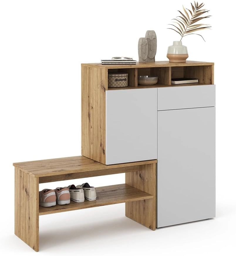 Mobile porta scarpe Selena, Marrone, 124.5 x 102 cm, con seduta e superfici d’appoggio variabili