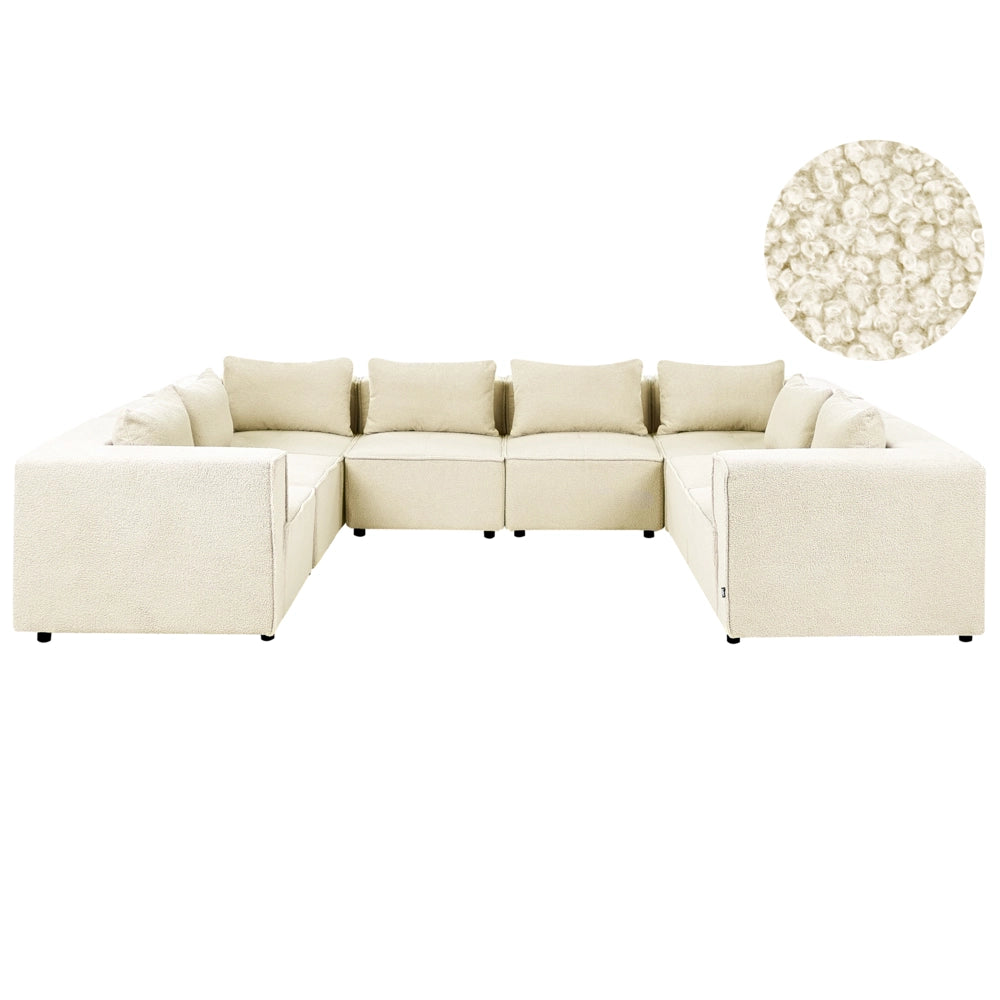 Divano modulare a forma di U in bouclé bianco sporco rivestito in stile moderno