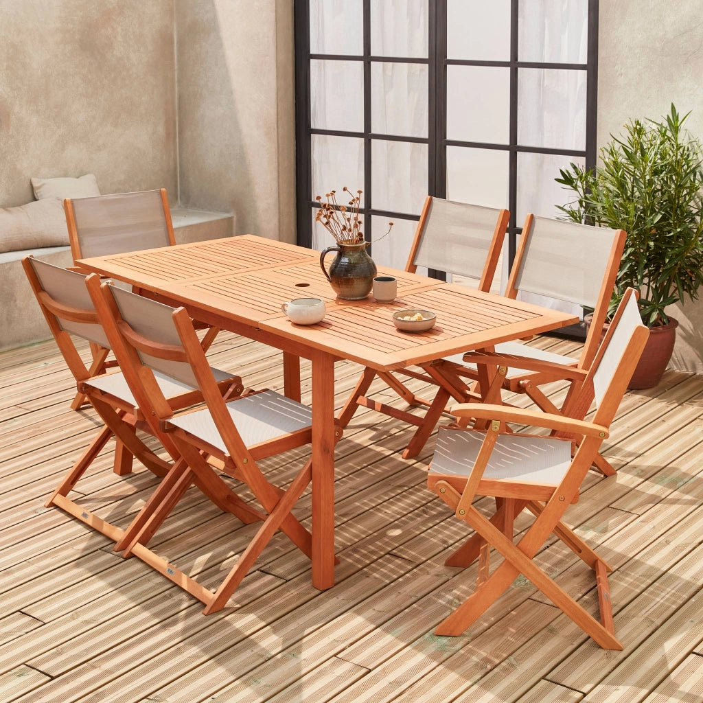Set tavolo da giardino rettangolare allungabile in legno con 6 sedie,