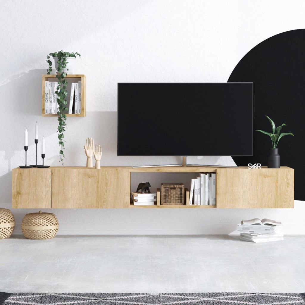 Porta TV in legno "Avior" con mensola a muro - 180 x 32 x 25 cm - Beige