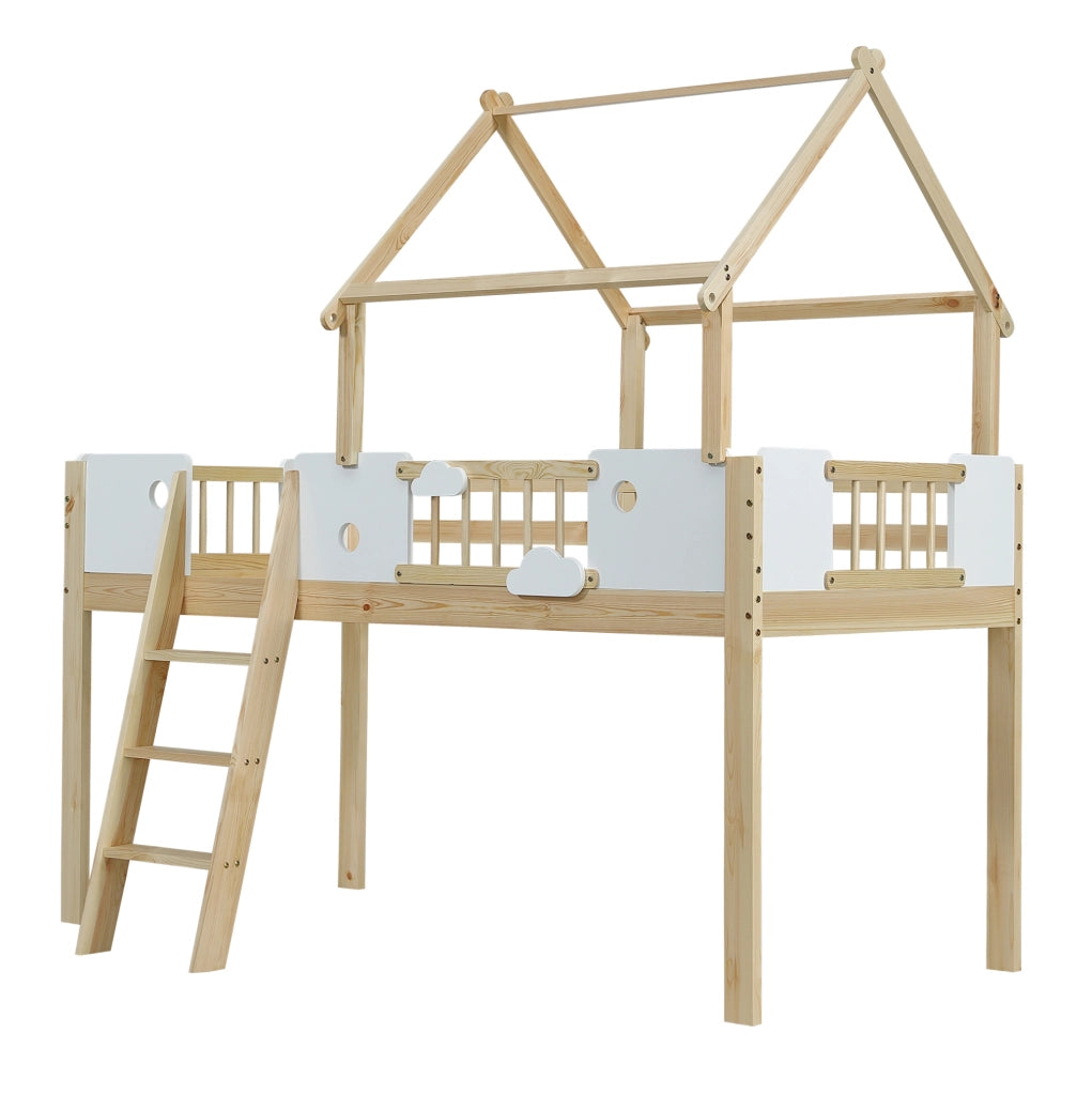 Letto a soppalco 90x200 cm con scala a tre gradini e tetto in legno bianco e naturale