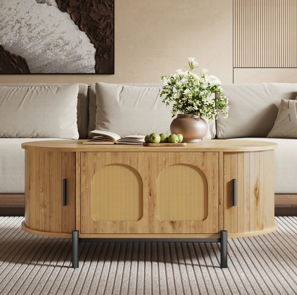 Tavolino da salotto ovale 100x50x40 cm con ante scorrevoli e vano contenitore; MDF naturale