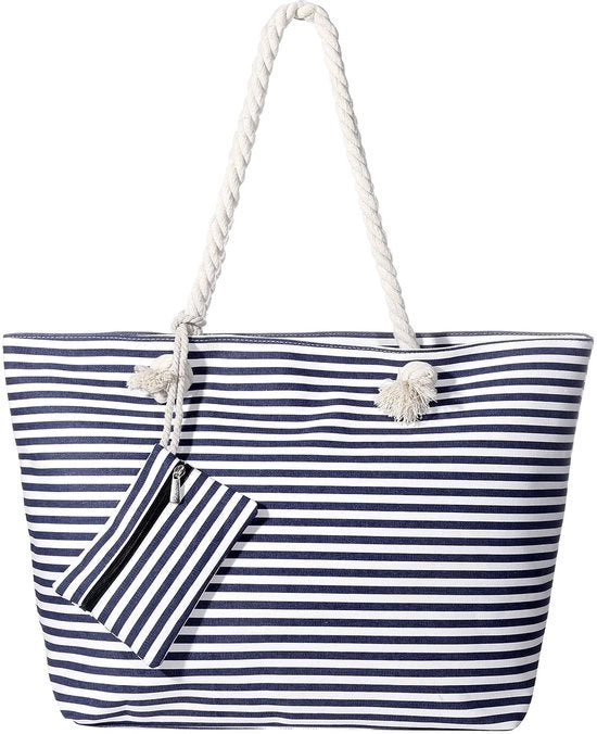 Borsa da spiaggia XXL per famiglie, grande, con chiusura a righello - Strisce blu scure
