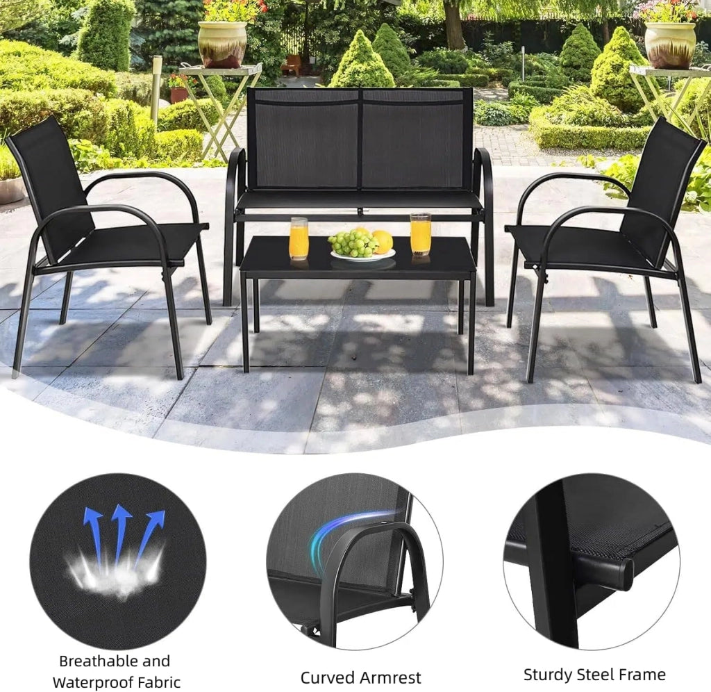 Set di 4 mobili da giardino per 4 persone, set da giardino con 2 sedie e 1 panca e 1 tavolino da caffè, set di mobili da terrazza per piscina, cortile (nero), QF54737IBDE