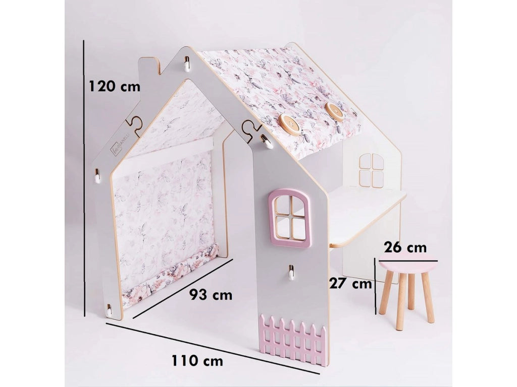 Casetta per bambini in legno "Bianelli" con scrivania - 114 x 93 x 120 cm - Bianca / Rosa