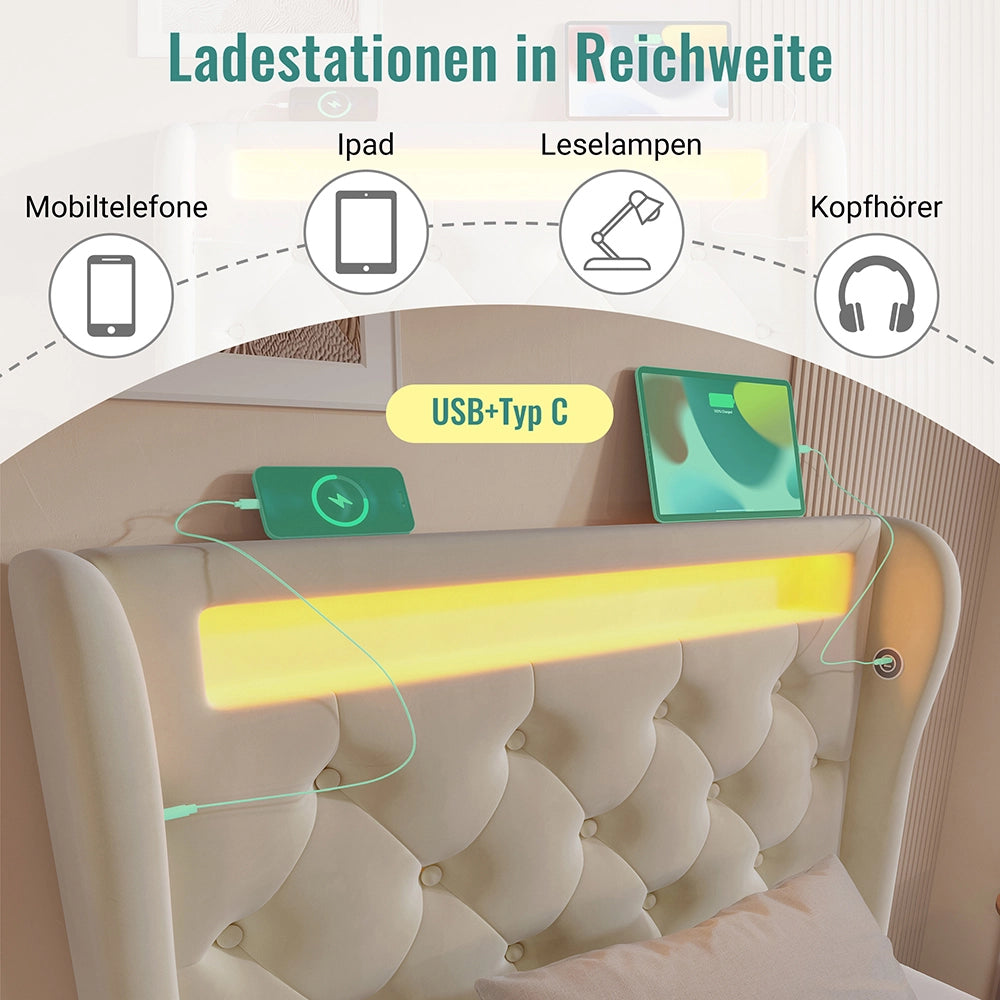 Letto singolo-Xylo-90x200 cm-LED, USB-C, idraulico, con materasso, velluto beige