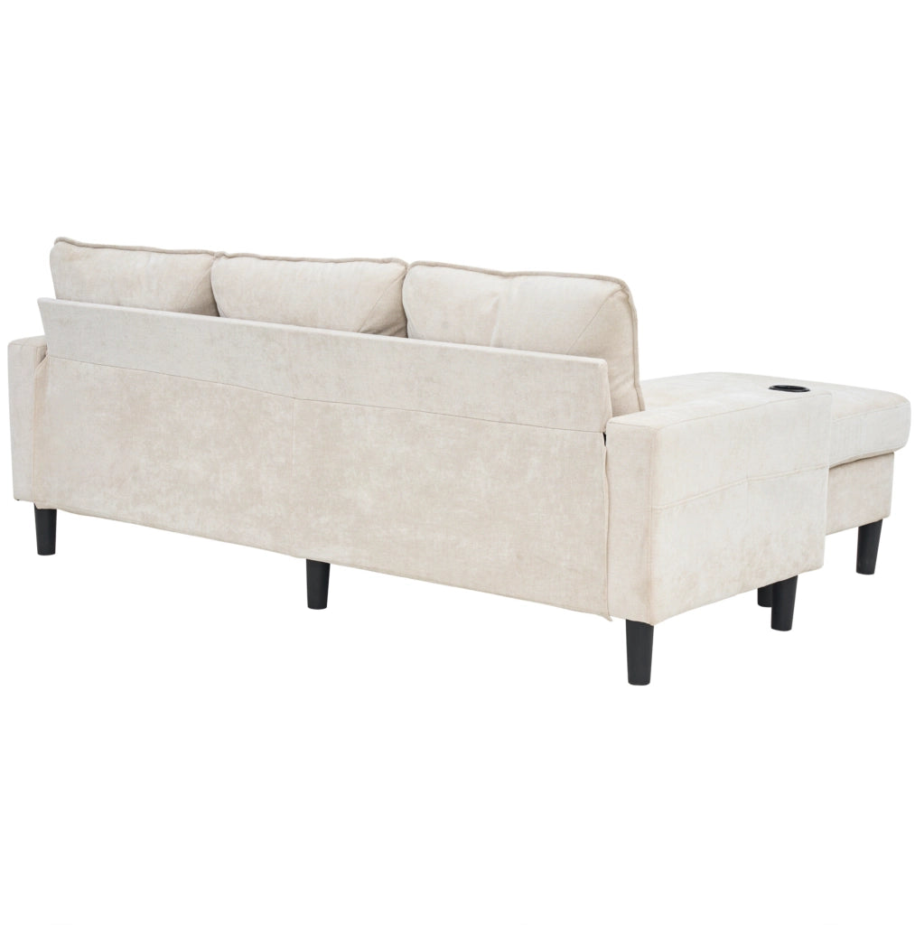 Divano imbottito beige a 3 posti con USB, Type-C e portabicchieri, divano angolare a L con pouf combinabile