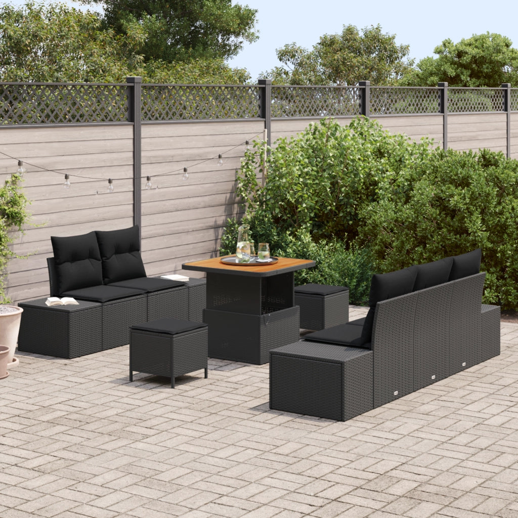 Set di 8 pezzi Divano da Giardino con Cuscini Rattan Nero Poly Acacia