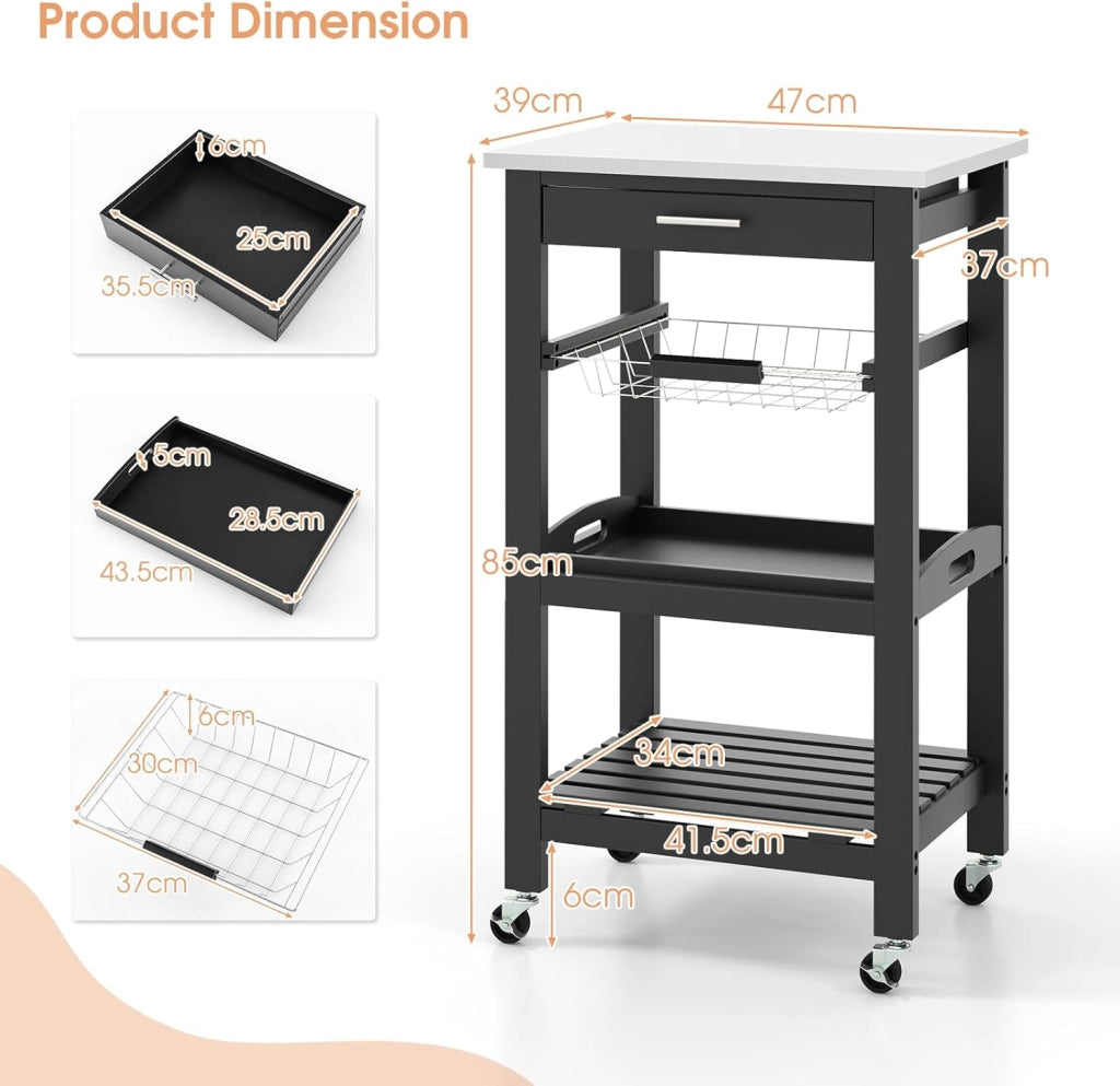 Carrello da Cucina a Rotelle con Mensole, Cassetto, Carrello di Servizio, Stile Moderno per Cucina e Soggiorno, 47x39x85 cm, Bianco/Nero (Nero)
