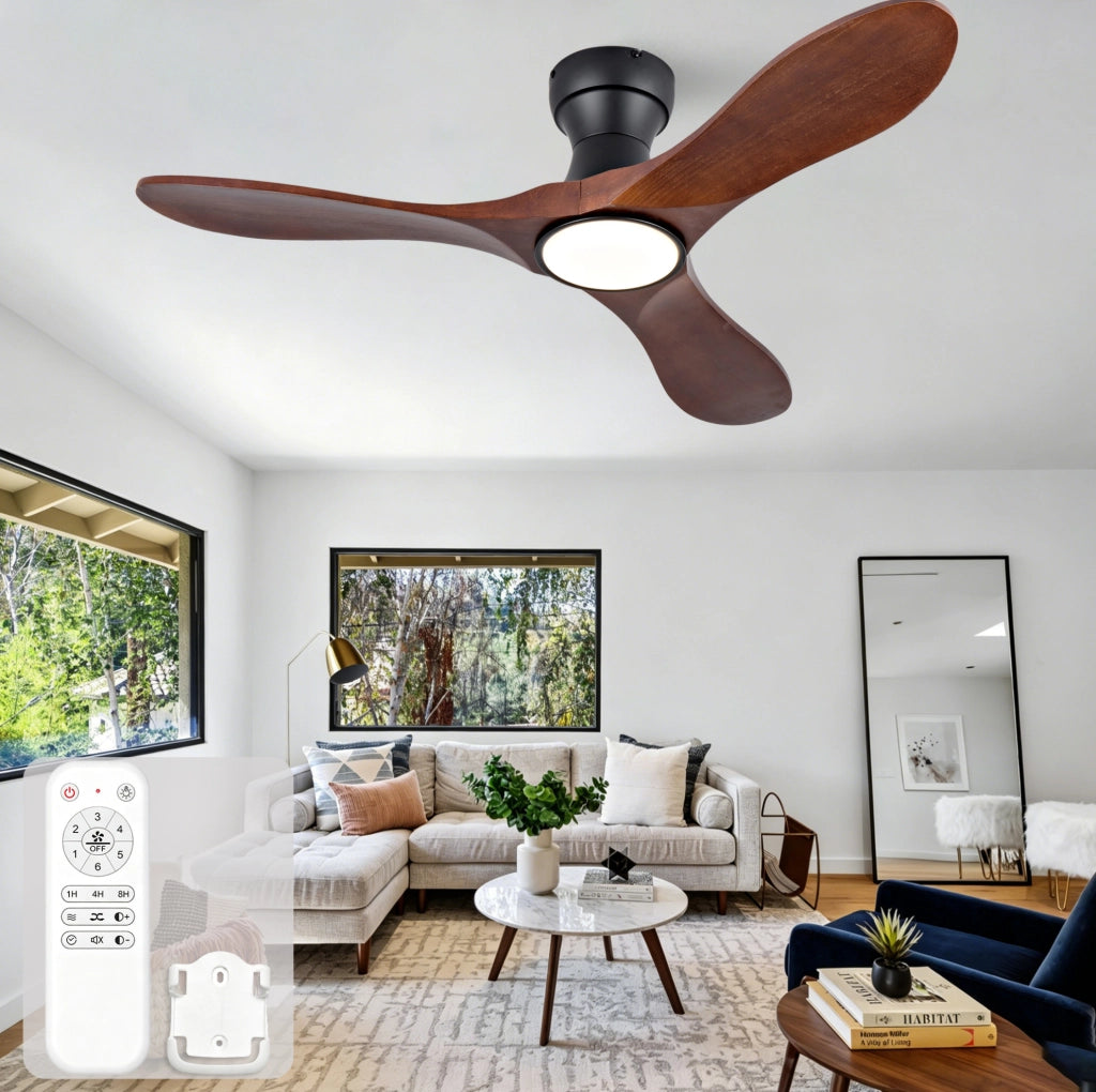 Ventilatore da soffitto 42 pollici con luce LED e telecomando; 3 pale in legno; nero e noce scuro