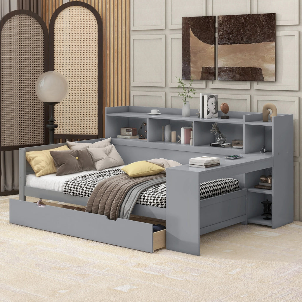 LETTO 90x200 cm con scrivania 2 cassetti USB e presa Grigio