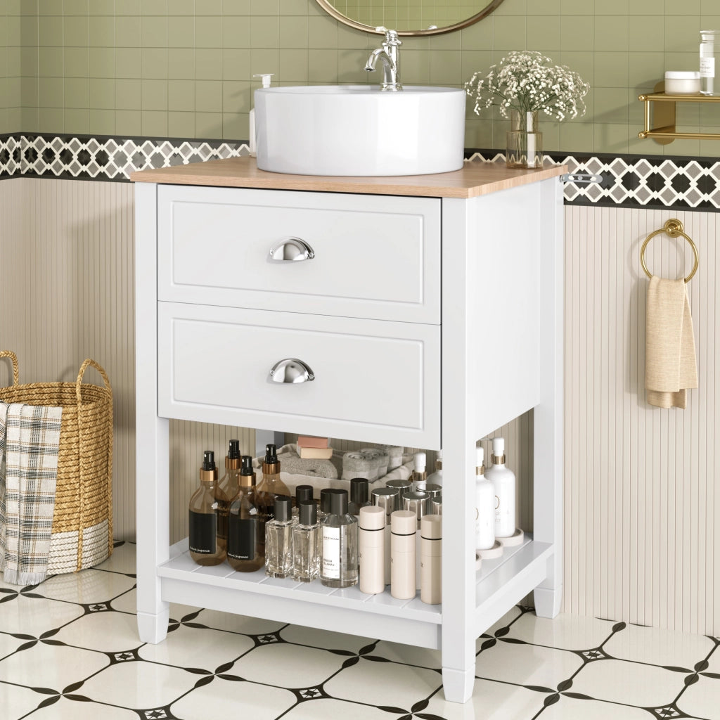 Mobile sottolavabo da bagno con lavabo in ceramica, 2 cassetti e vano aperto, in MDF, bianco e legno, 60 × 45 × 91 cm