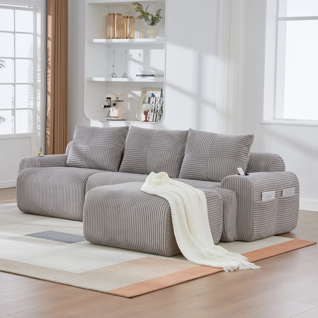 DIVANO modulare 3 posti 268x174x80 cm in tessuto corduroy grigio chiaro