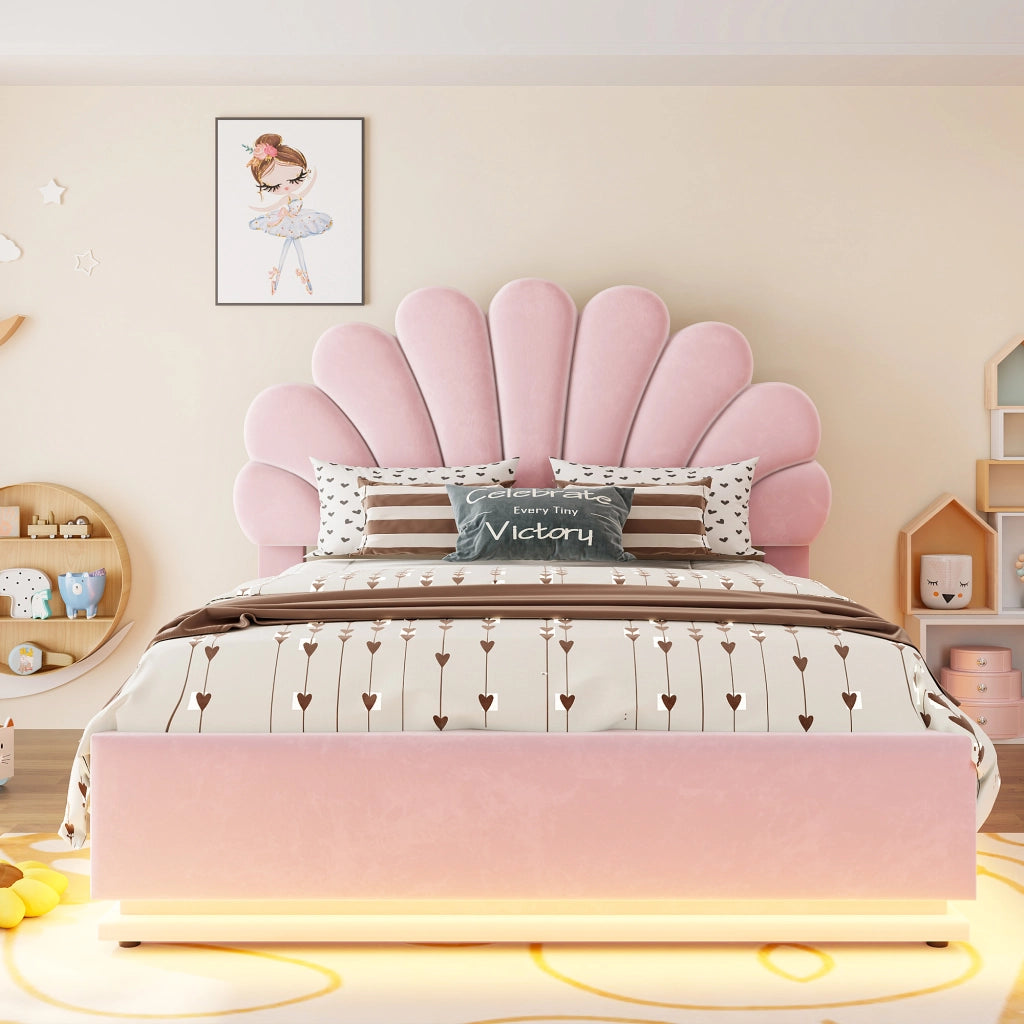 Letto contenitore matrimoniale 140×200 cm con testiera imbottita; LED e rete sollevabile; senza materasso; rosa