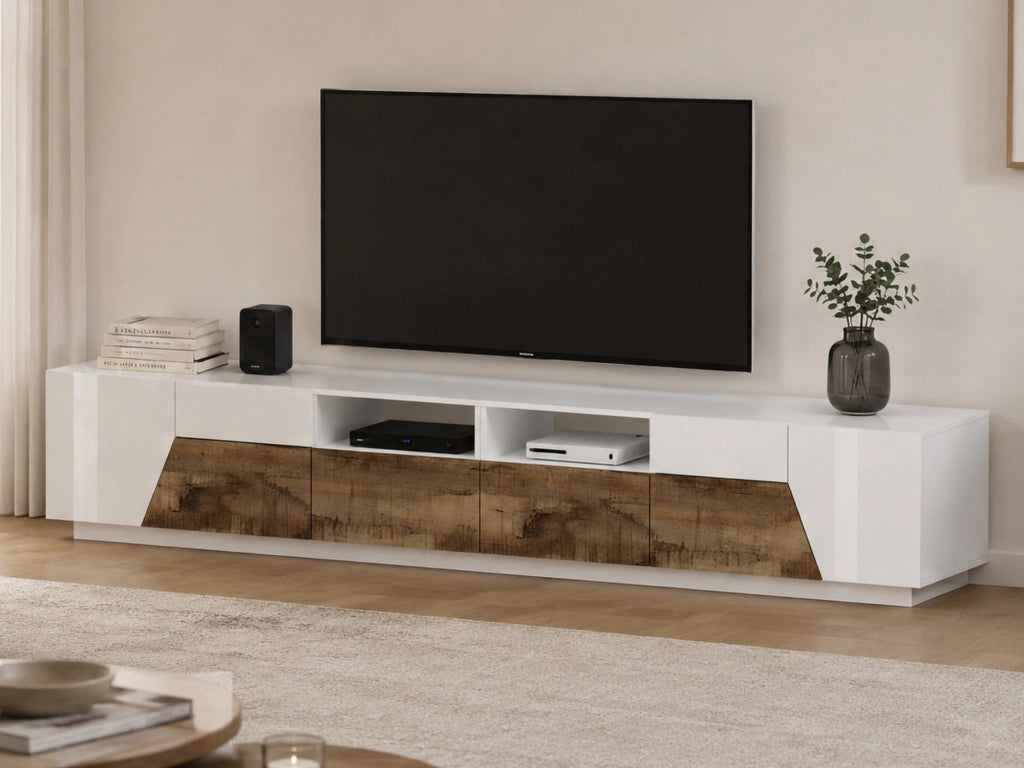 Mobile da soggiorno Porta Asdrubale, Made in Italy, Credenza per Asdrubale da salotto a 4 ante geometriche e 2 cassetti, Cm 260x43h46, Bianco lucido e Acero