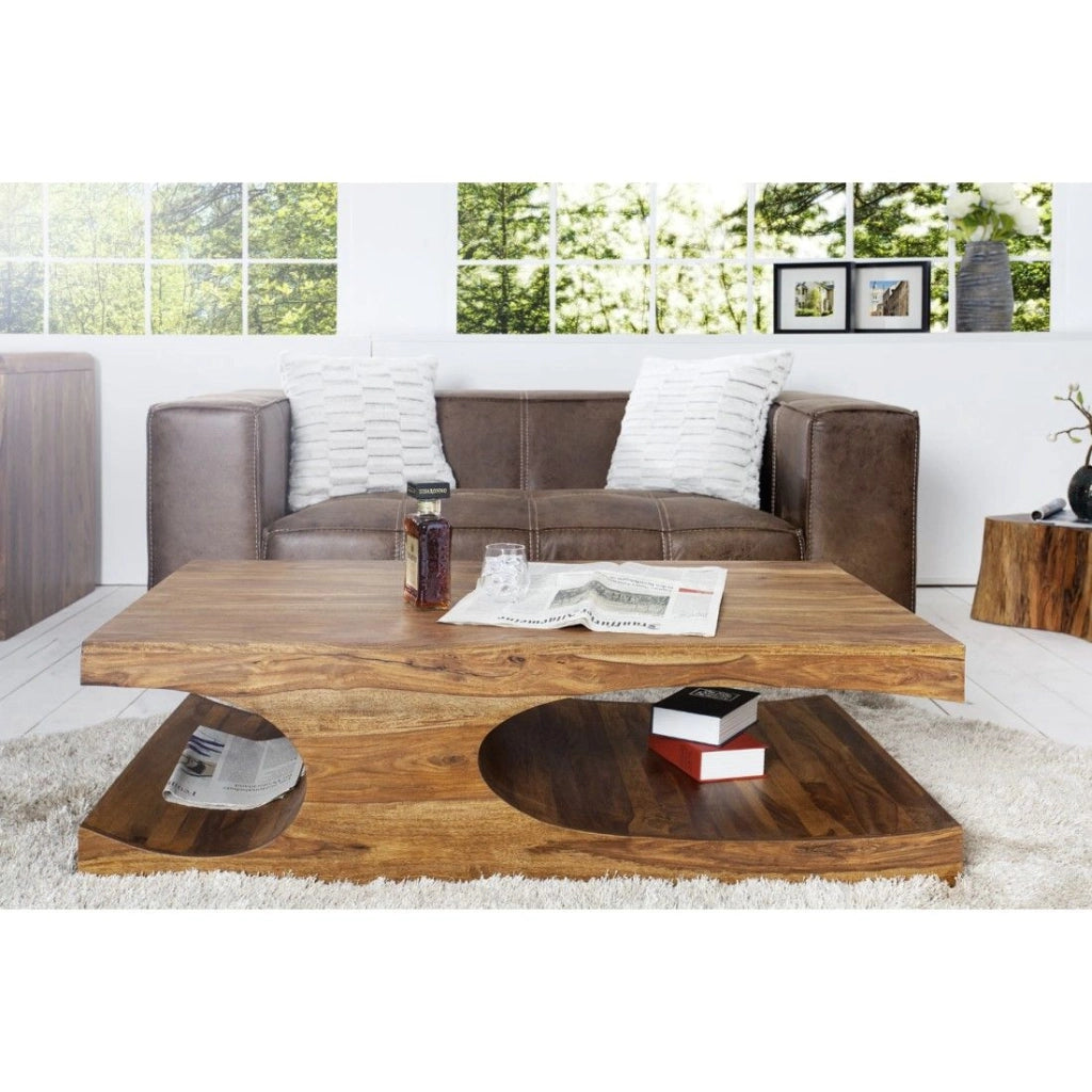 Tavolino basso NOMA 118 cm in legno di sheesham – Tavolino design in legno massiccio con nicchie