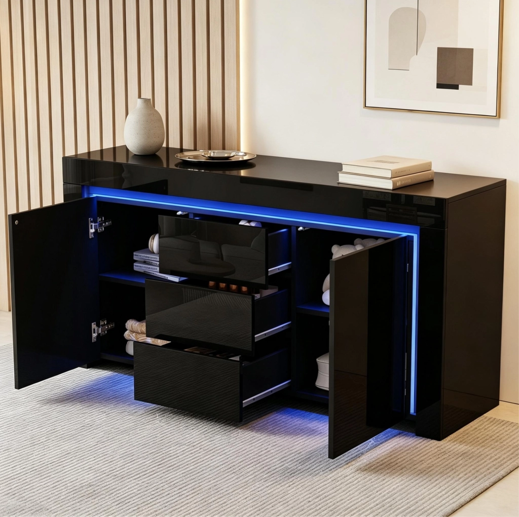 Sideboard moderno nero 140x40x65 cm con LED, 2 ante e 3 cassetti