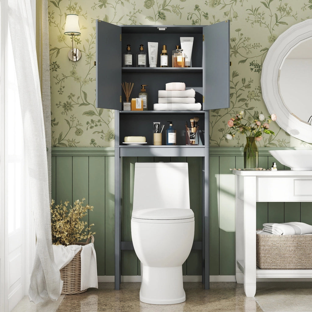 Mobile portaoggetti wc ante scanalate ripiano regolabile barra inferiore-Mobili da Bagno Organizer bagno alto indipendente salvaspazio Grigio