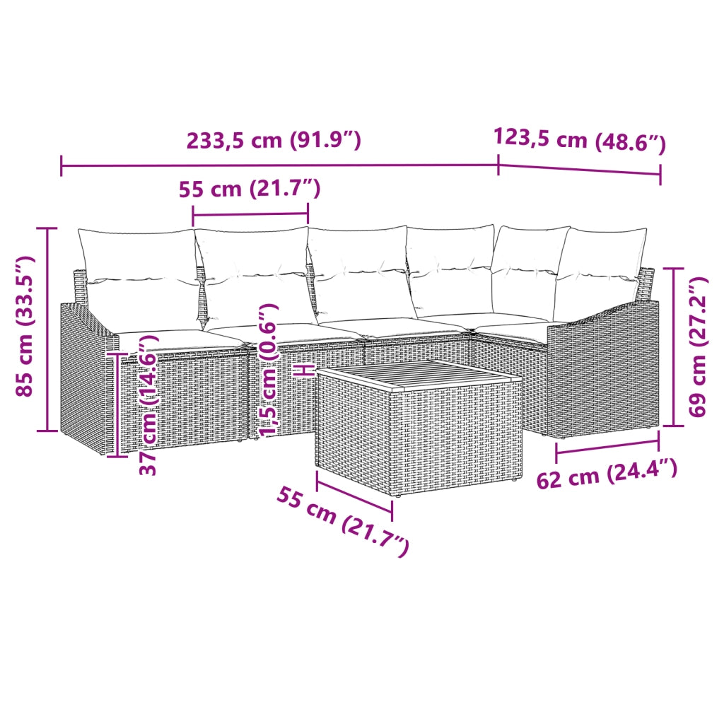 Set di divani da giardino da 6 pezzi con cuscini in polyrattan nero e acacia