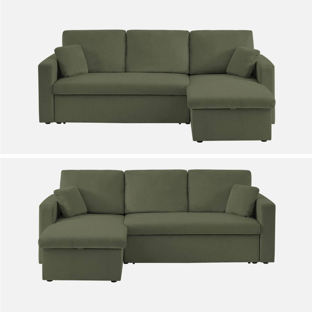 Divano letto angolare reversibile in velluto a coste, 3 posti, kaki