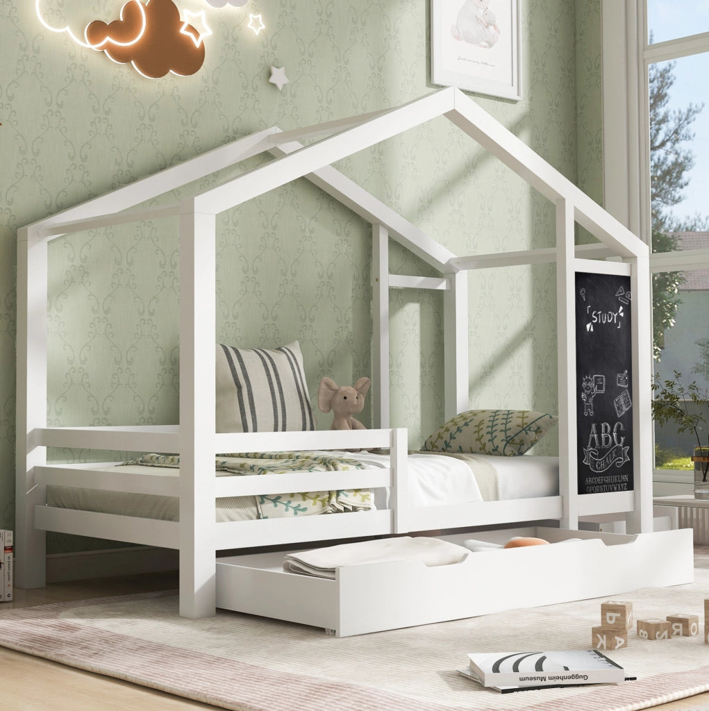 Letto a casetta per bambini 90x200 cm con lavagna e cassetti