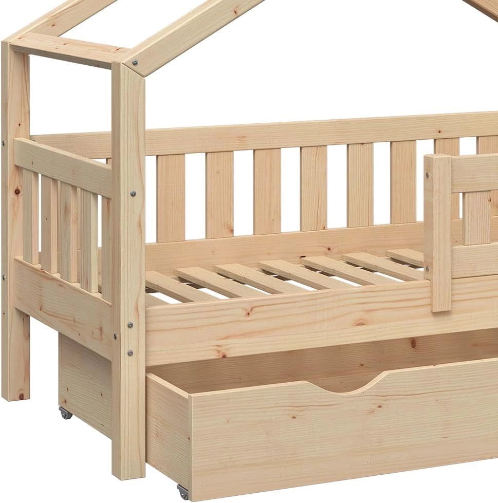Letto montessori bambini Design, Legno naturale, 70x140 cm con cassetto, adatto per materassi fino a 10 cm di altezza, montaggio semplice