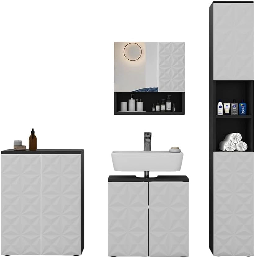 Set di mobili da bagno Edge, Nero, 60 cm, composto da mobile sottolavabo, specchiera e mobile medio