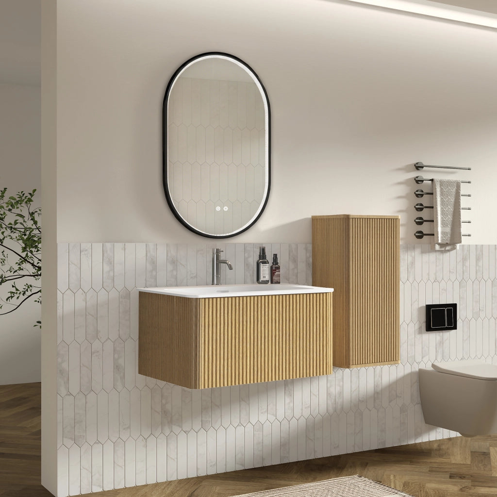Mobile bagno con lavabo specchio LED e colonna sospesa con ante e vano contenitore per bagno in MDF rovere