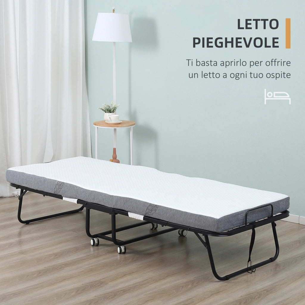 Letto Pieghevole Singolo con Materasso ¨C Xylo ¨C Metallo Nero con Ruote 90x200 cm