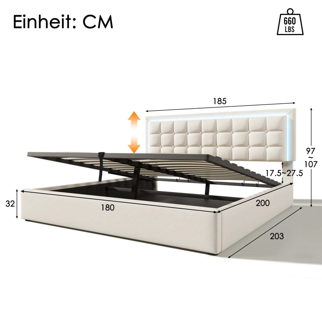 Letto imbottito in PU bianco con LED e contenitore, 180x200 cm