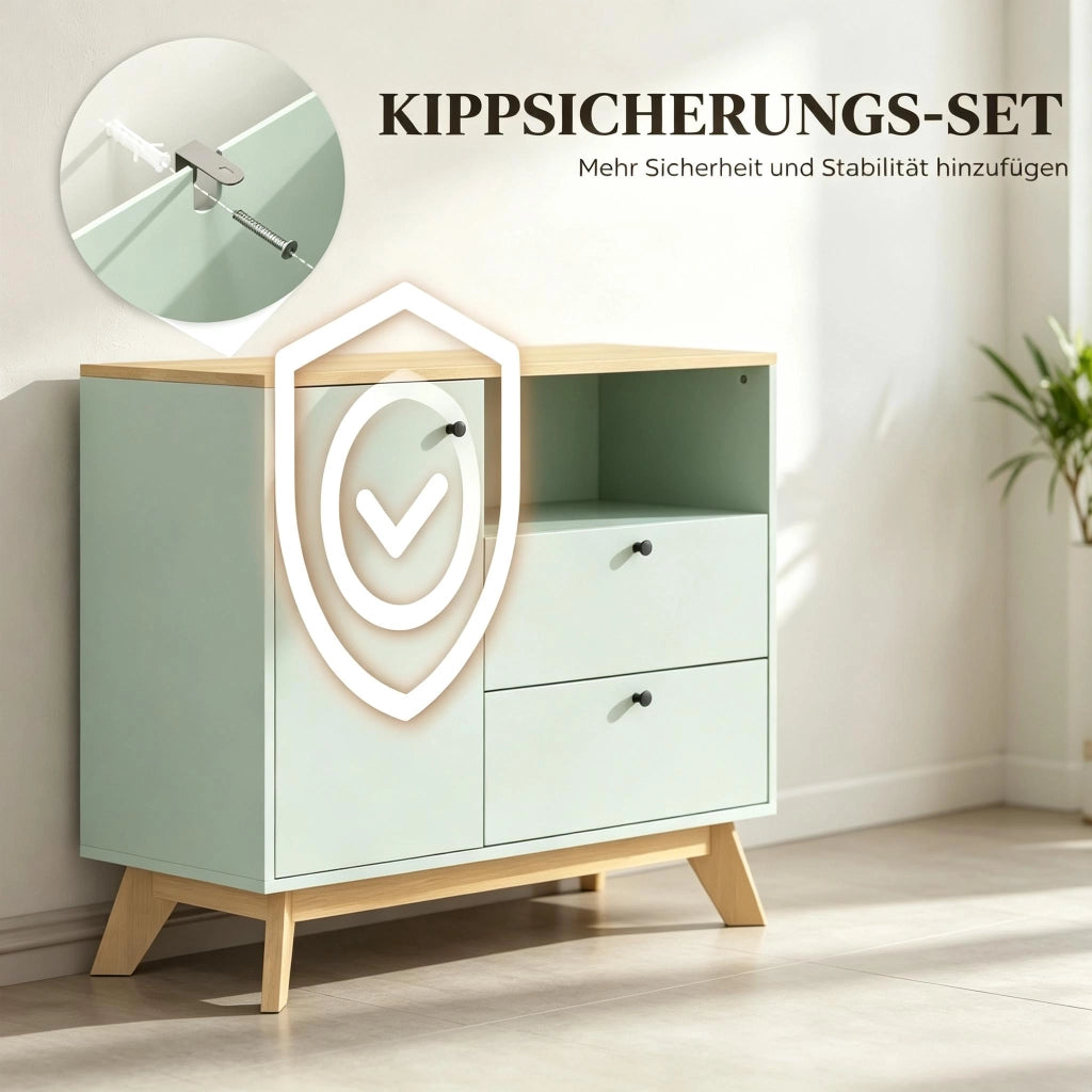 Credenza con 1 anta, 2 cassetti e vano aperto, ripiano regolabile, in MDF, verde chiaro, 80 × 35 × 76,3 cm