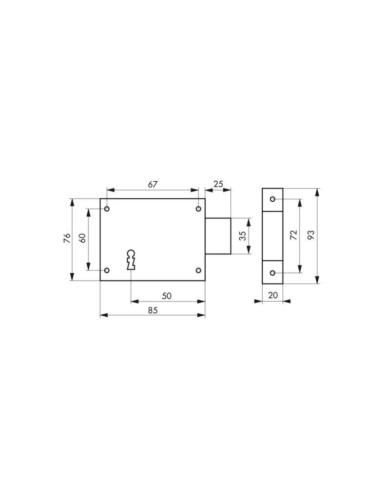 Serratura orizzontale con chiave per porta di cantina, solo catenaccio, destra, asse 50mm, 85x76mm, nero, 1 chiave - THIRARD