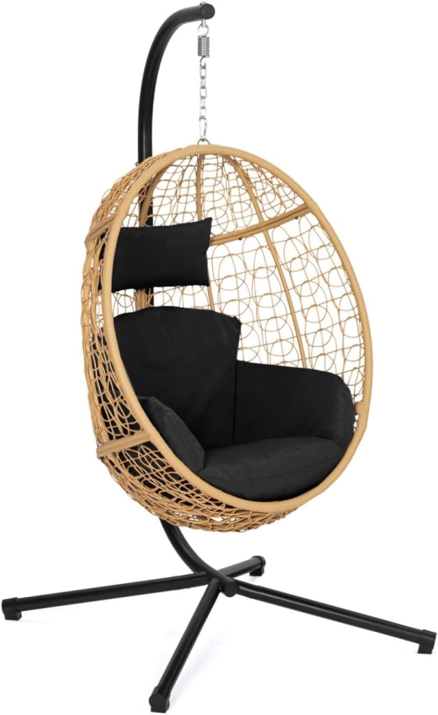 Poltrona sospesa a Forma di Uovo in Rattan Traforato con Cuscino Nero