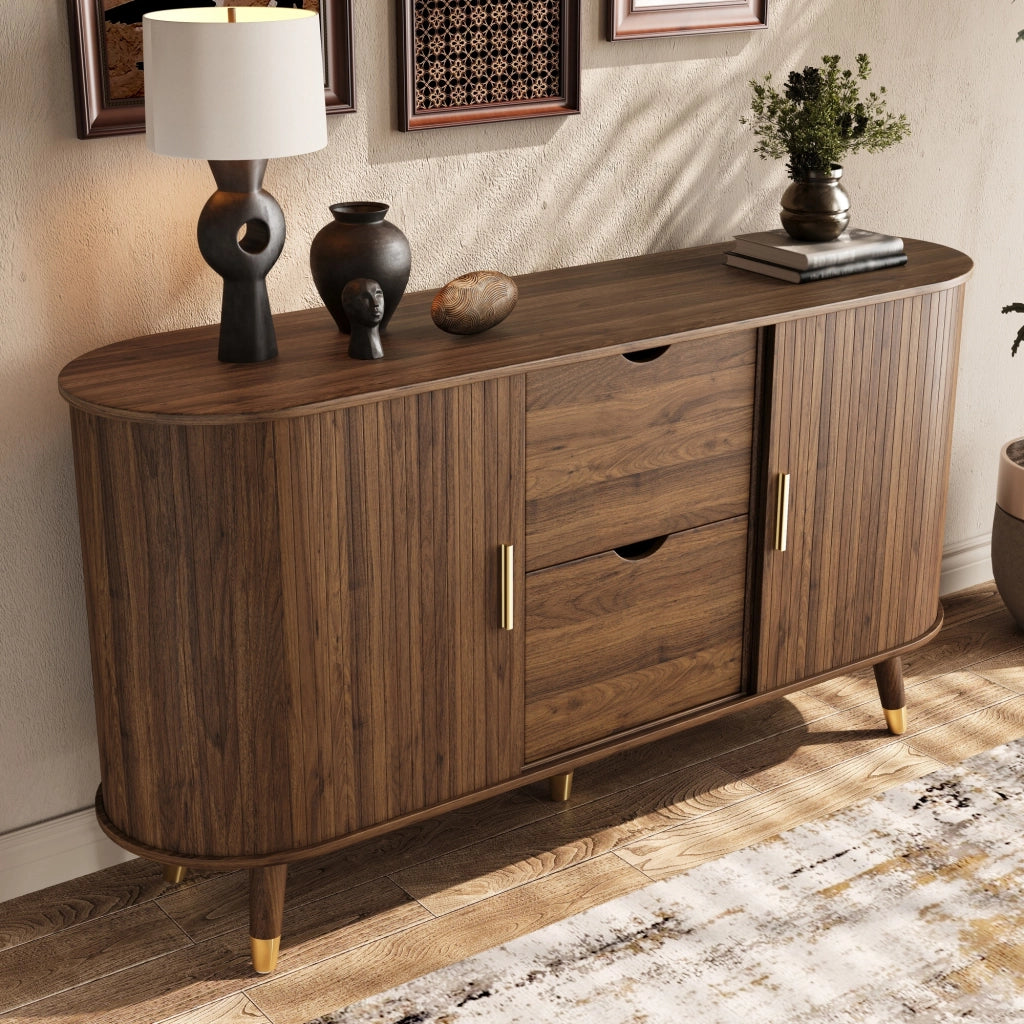 Credenza con 2 Ante Scorrevoli e 2 Cassetti; Angoli Arrotondati; Stile Moderno; in MDF; 140×40×79;5 cm; Noce