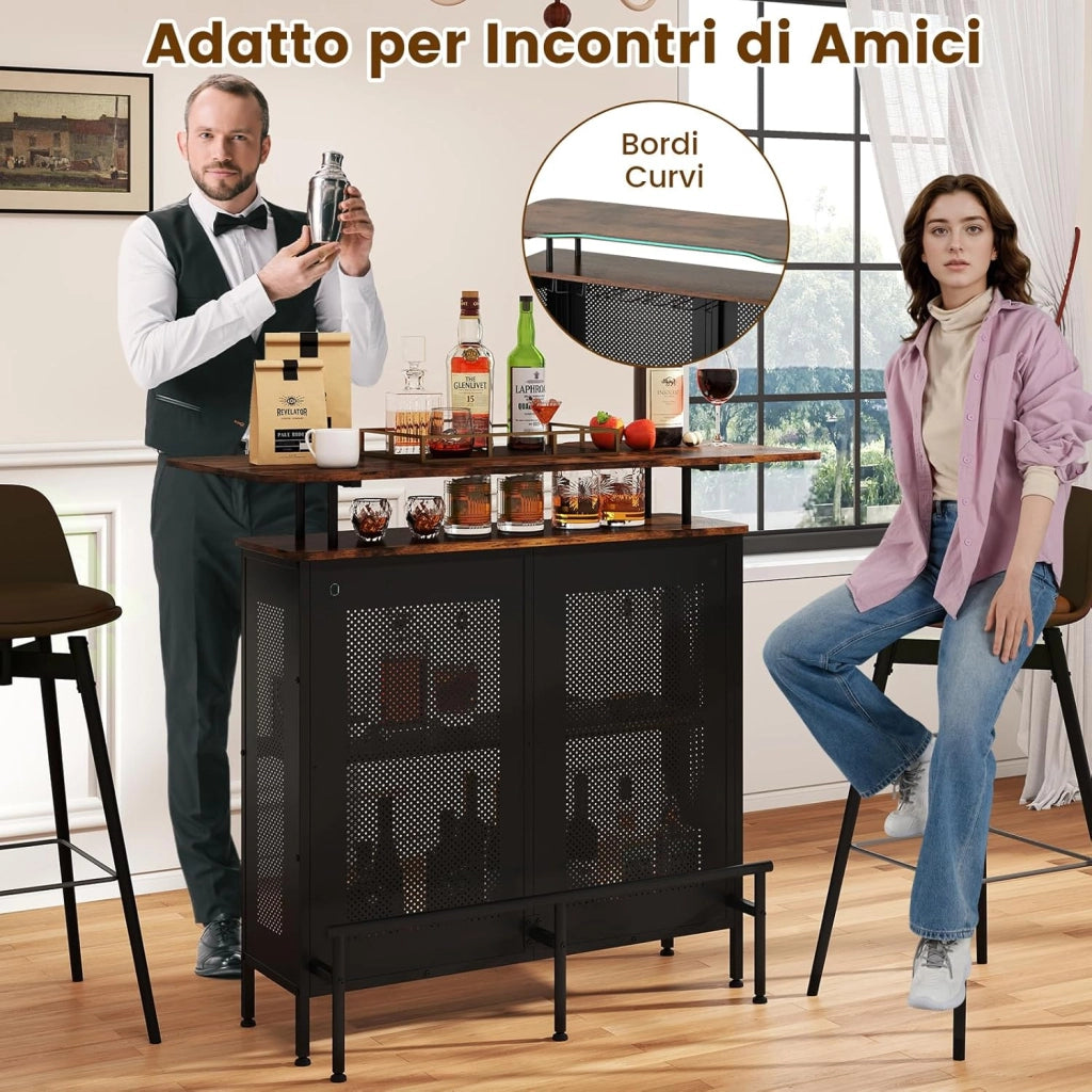 Mobile Portabottiglie a 4 Livelli, Portabottiglie per Vino da Terra con 2 Ripiani Porta Vini e Porta Calici, per Cantine, Sala da pranzo e Cucina (Naturale, 120 x 50 x 106,5 cm)
