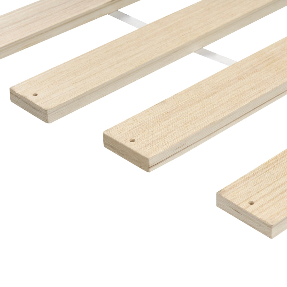Letto minimalista con rete a doghe e testiera imbottita in legno di pino marrone chiaro 180 x 200 cm con base a doghe