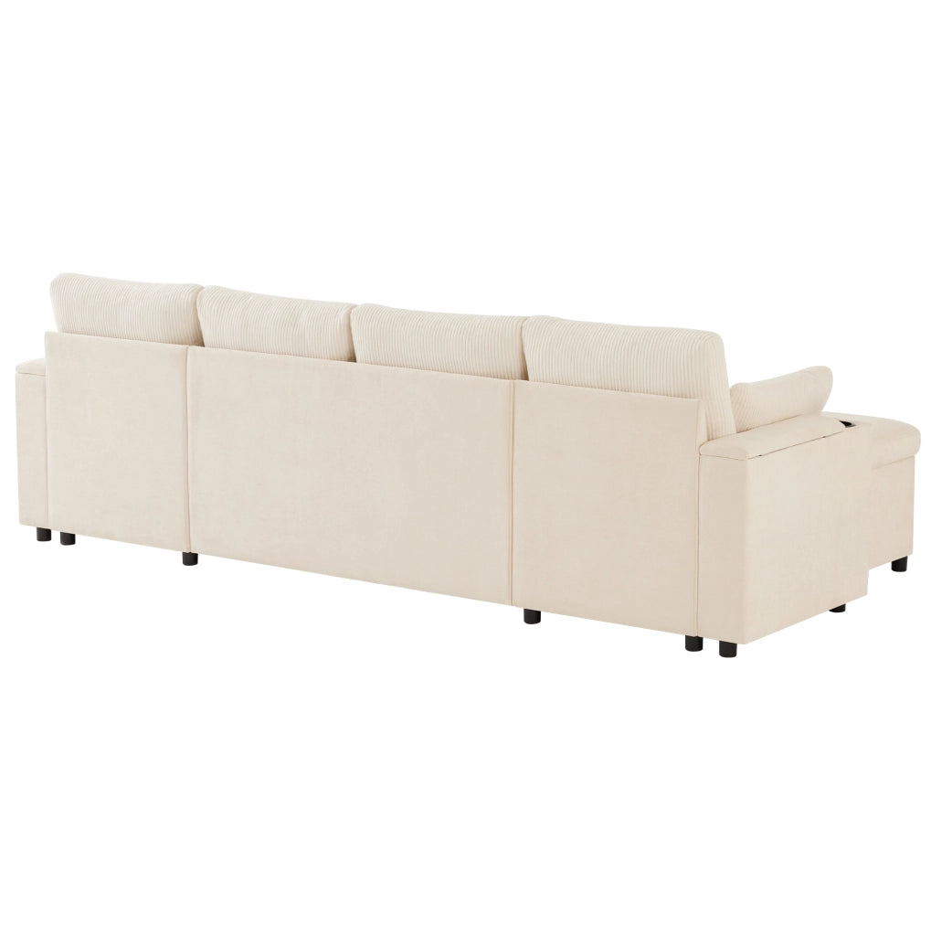 Divano letto modulare a U con contenitore e portabicchieri; 272 cm; beige
