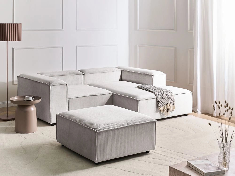 Divano angolare modulare velluto a coste bianco sporco 3 posti lato sinistro con pouf soggiorno moderno