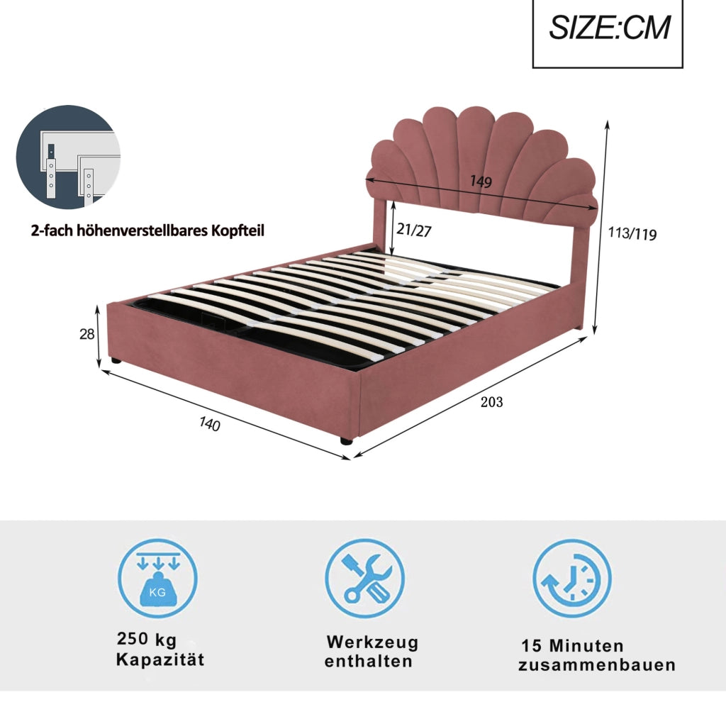 Letto matrimoniale imbottito ULEVR 140x200 cm con contenitore idraulico e testiera floreale, velluto rosa