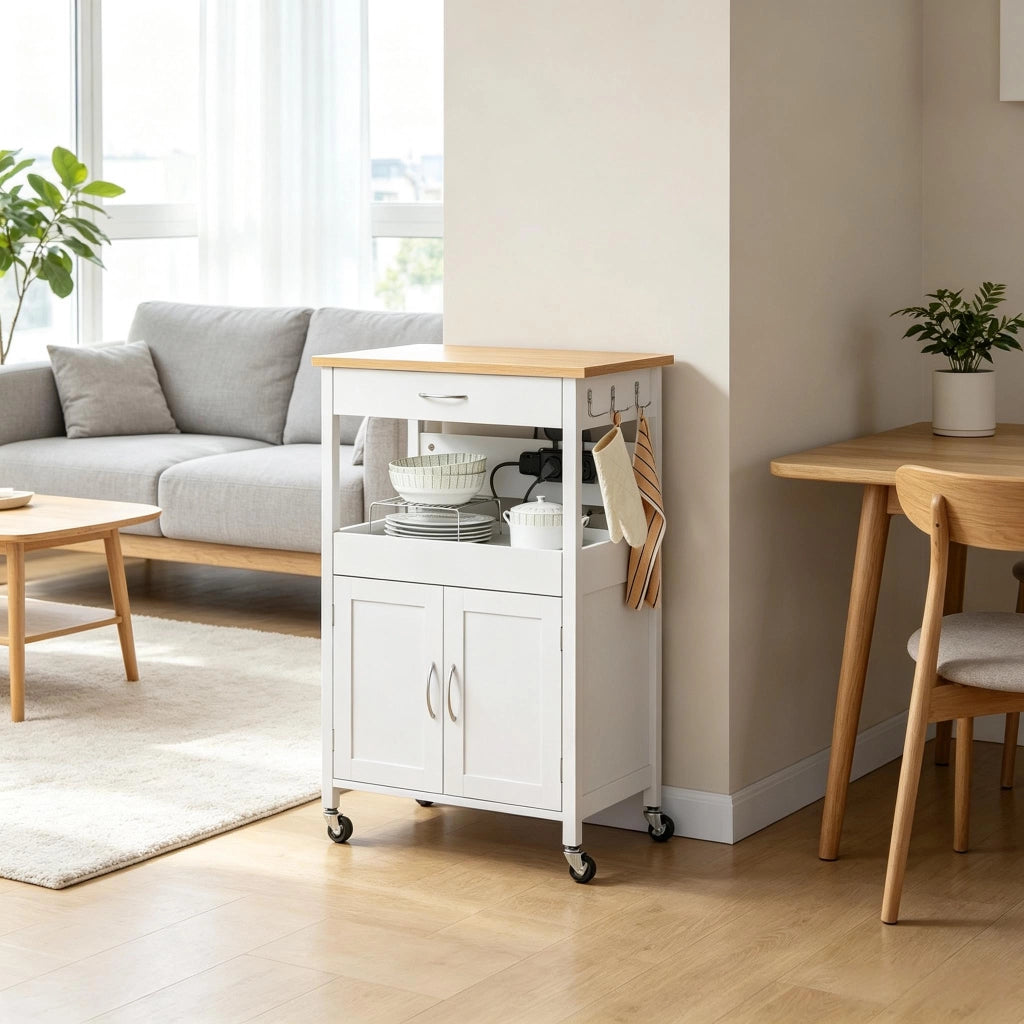 Carrello da cucina con ruote, 2 prese, 1 cassetto, 1 ripiano e 1 armadio, 60x45x92 cm