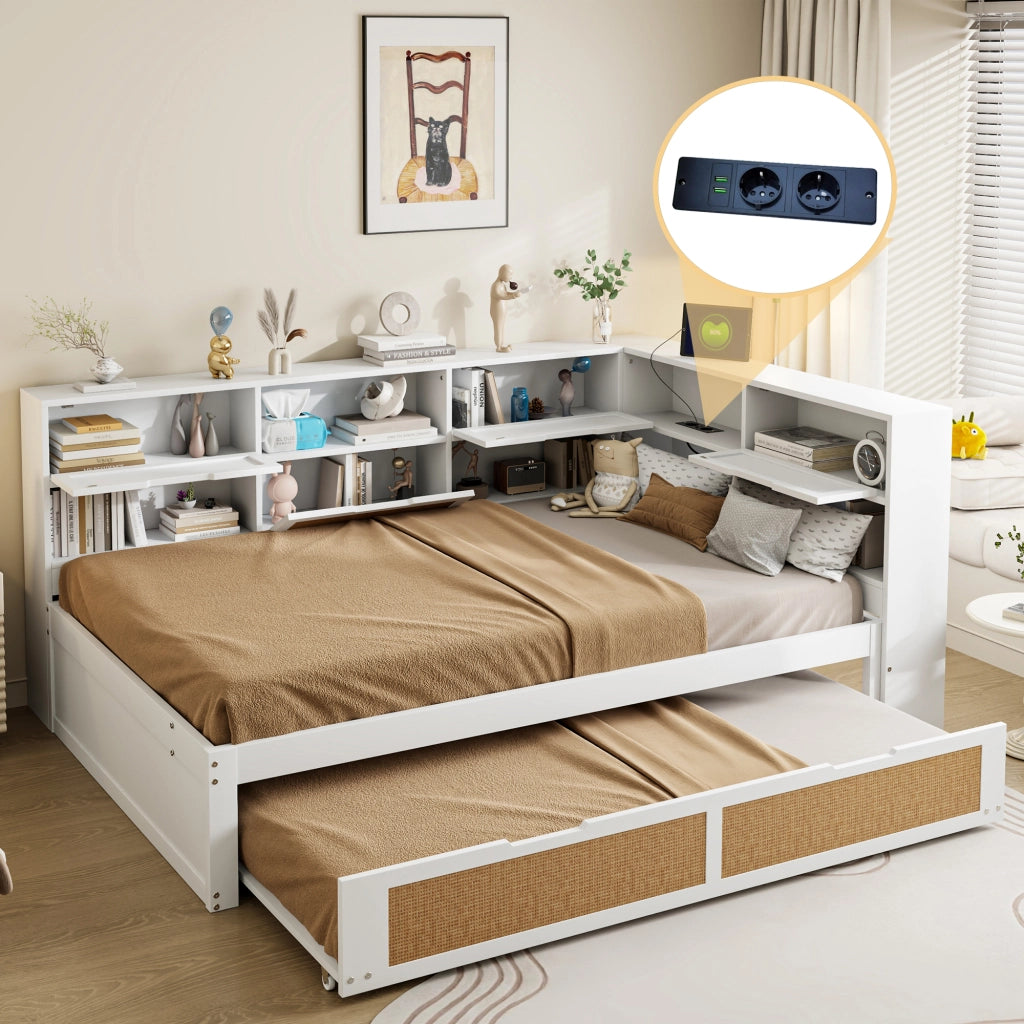Letto Estraibile 140x200 cm; Letto Singolo - USB; Presa; Contenitore in Legno Bianco